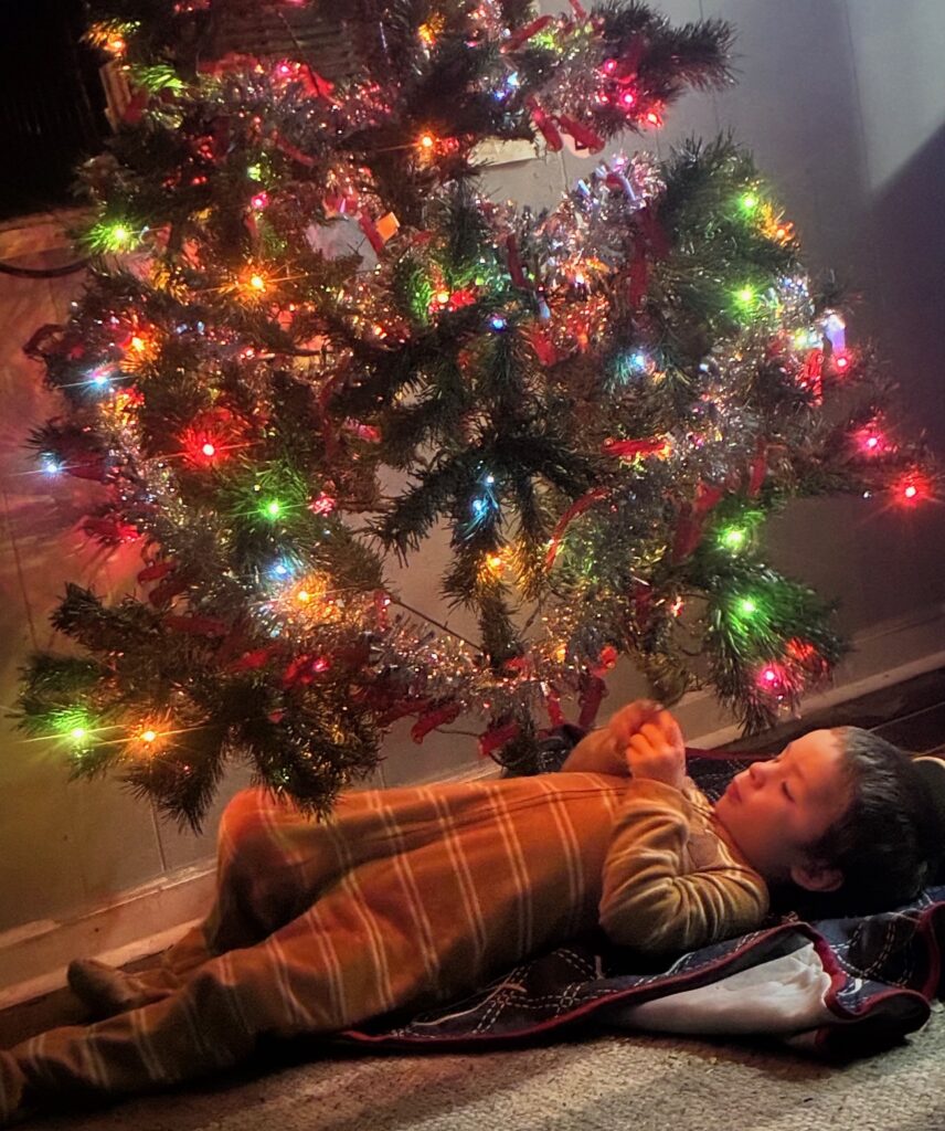 A quiet moment under the tree during an overstimulating holiday.
